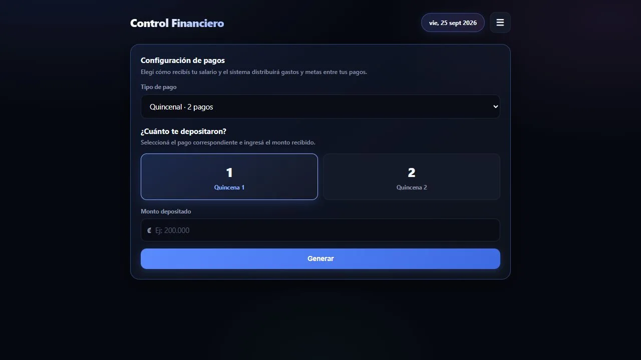 Pantalla real de Control Financiero: configuración del salario y periodos de pago